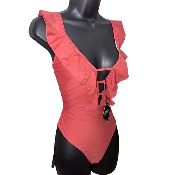 ZAFUL Women's Deep V-Neck Ruffle One Piece Swimsuit Red Size US 8 NWT - Picture 4 of 6